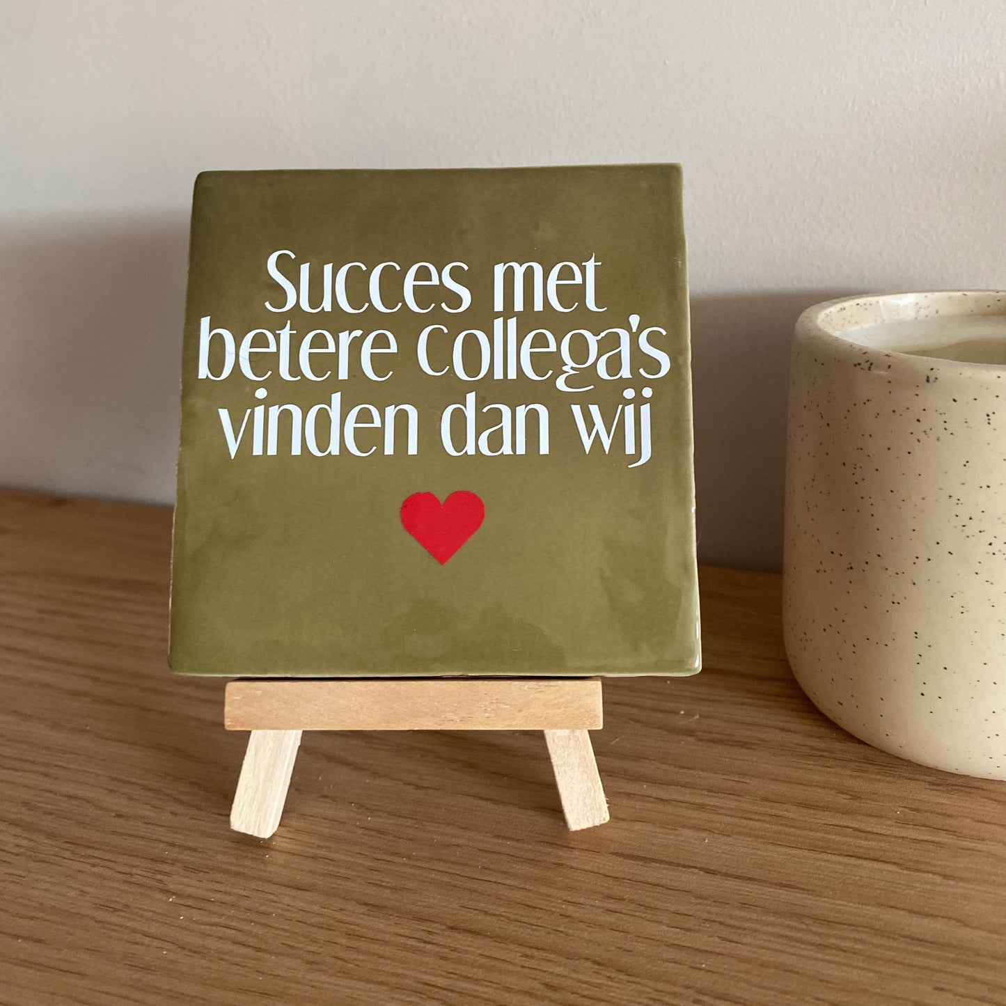 Tegeltje met tekst Succes met leuke collega's vinden als wij