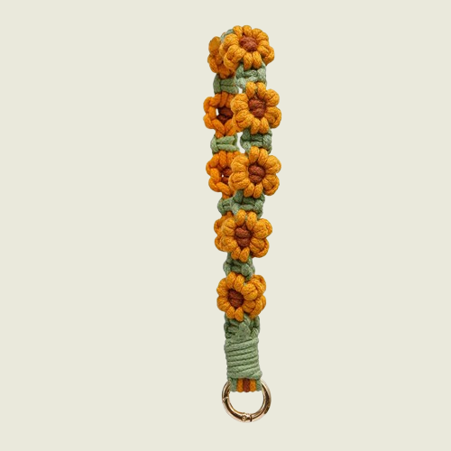 Telefoonkoord pols gehaakte bloemen - Oranje groen